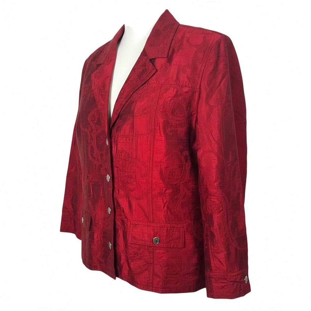 Chico's Women's Size 2 / Large Cranberry Red Silk Embroidered Jacket Long Sleeve